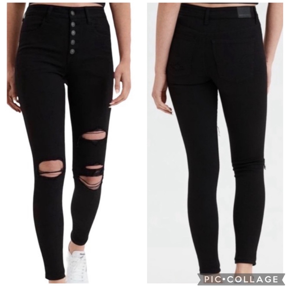 American Eagle Super Hi Rise Jegging Distressed Button Fly Jeans Black Sz 8 LONG